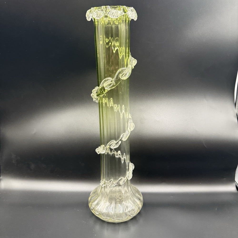 Victorian Art Glass Vase Applied Clear Leaf Garland 15.5" Tall Green